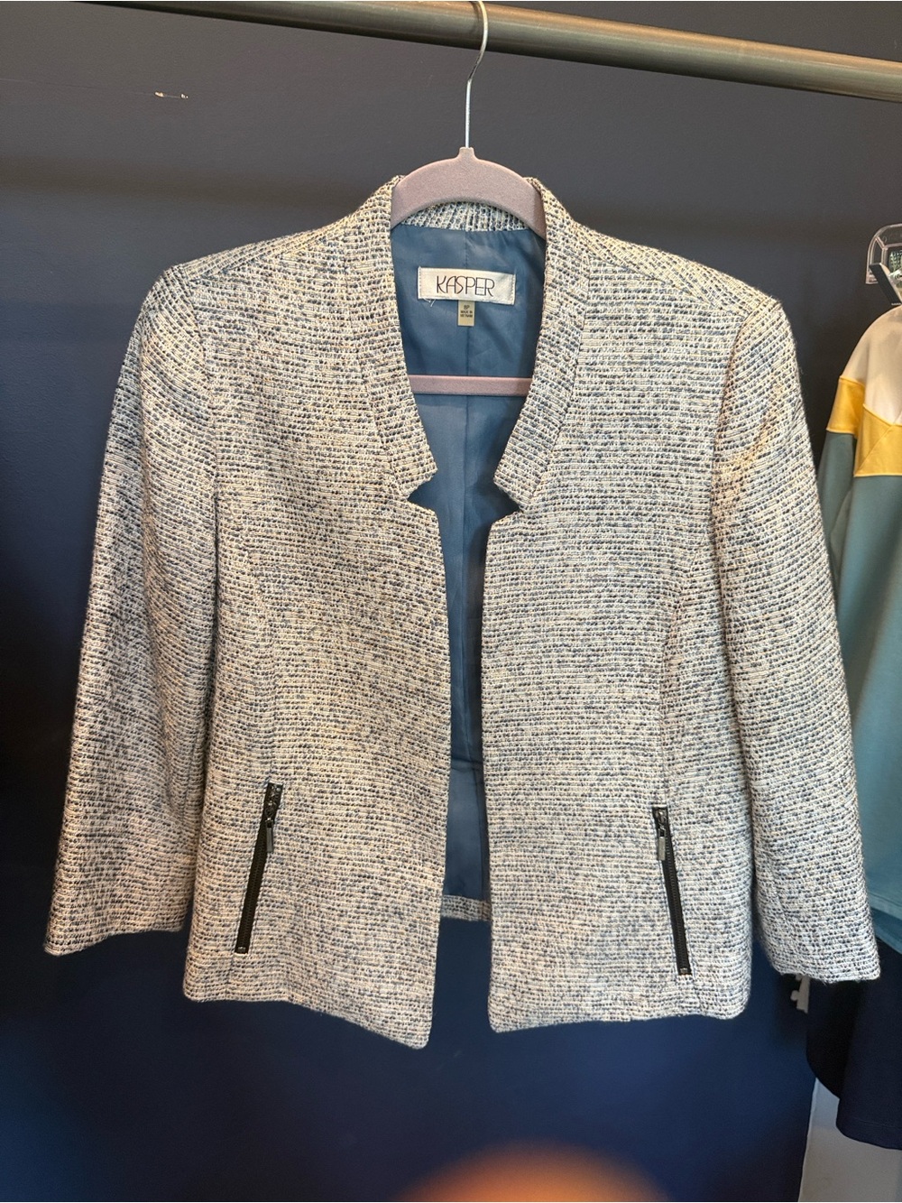Kasper Tweed Open-Front Blazer in Blue and White